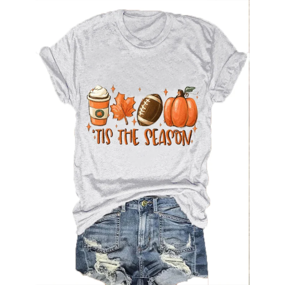 Women's Tis The Season Pumpkin Football Maple Leaf Autumn Print T-Shirt