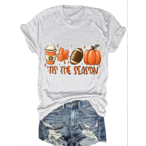 Women's Tis The Season Pumpkin Football Maple Leaf Autumn Print T-Shirt