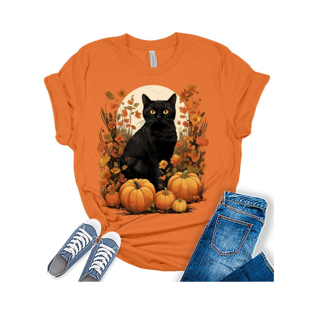 Womens Fall Black Cat Halloween Pumpkins T-Shirt