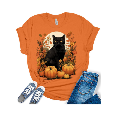 Womens Fall Black Cat Halloween Pumpkins T-Shirt
