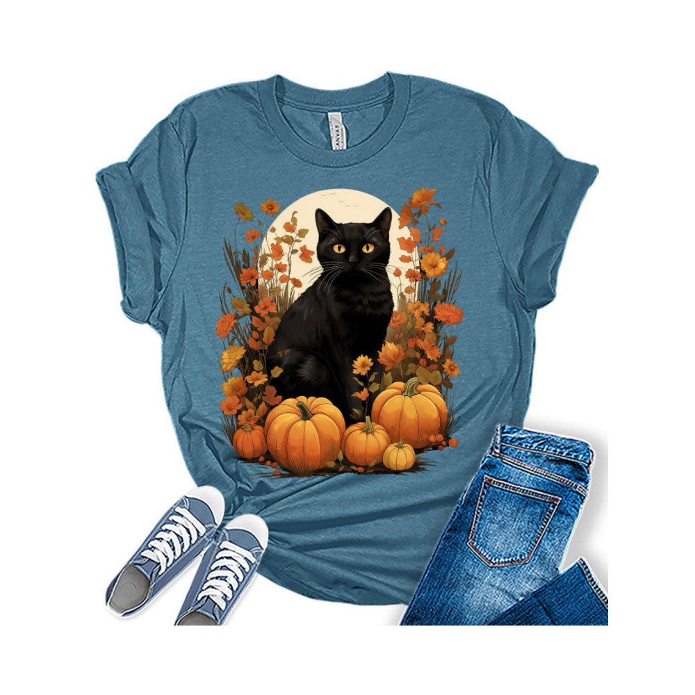 Womens Fall Black Cat Halloween Pumpkins T-Shirt