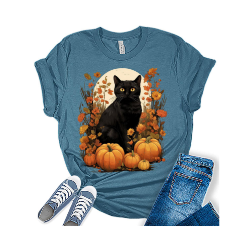 Womens Fall Black Cat Halloween Pumpkins T-Shirt