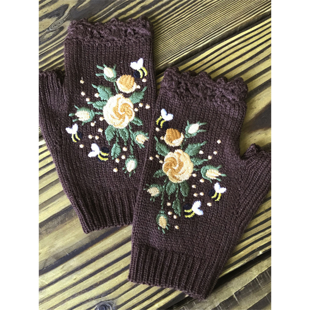 Bee Floral Embroidered Fingerless Gloves