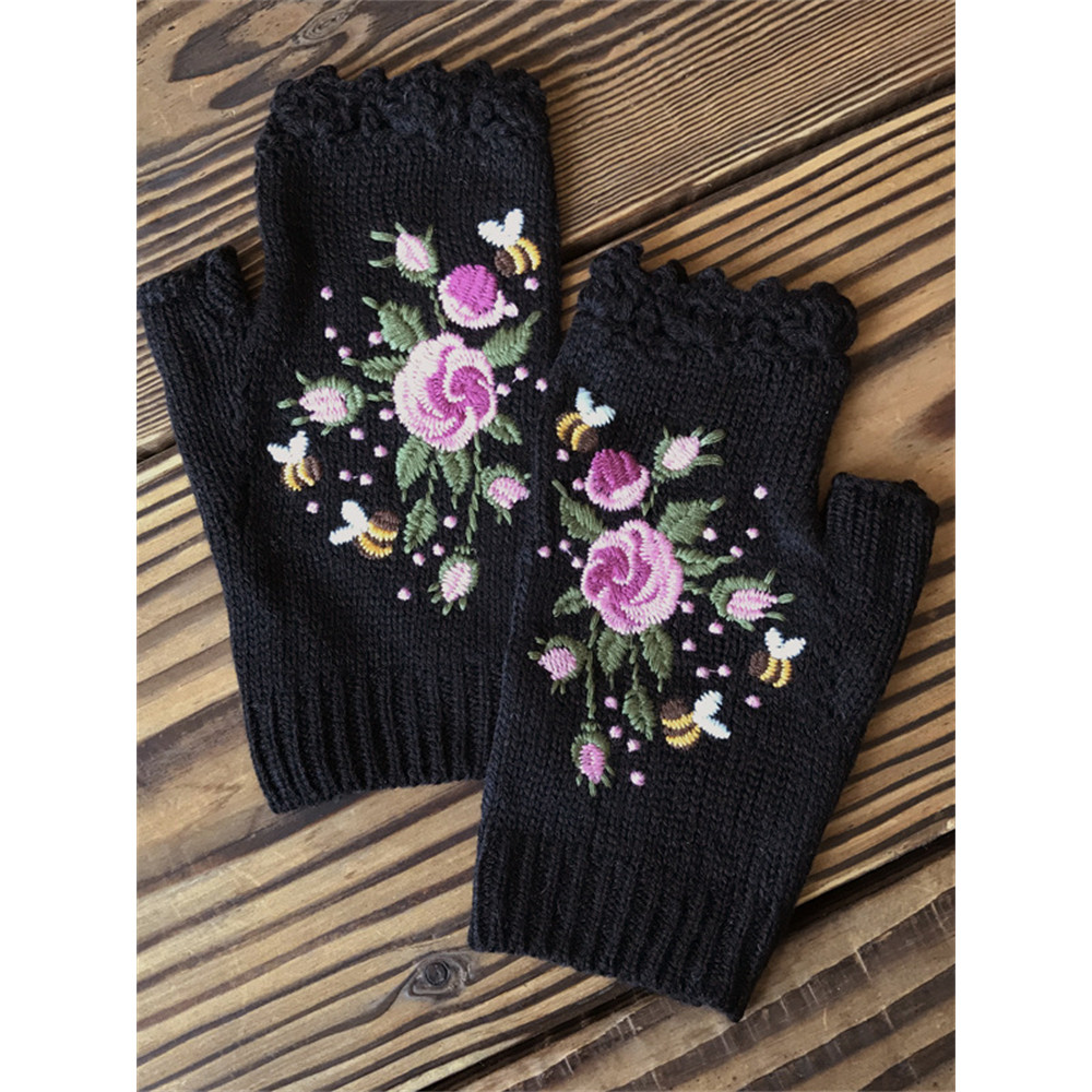 Bee Floral Embroidered Fingerless Gloves