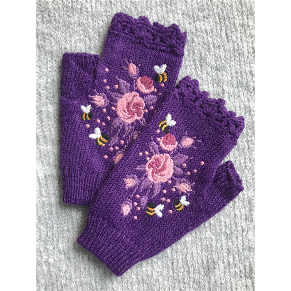 Bee Floral Embroidered Fingerless Gloves