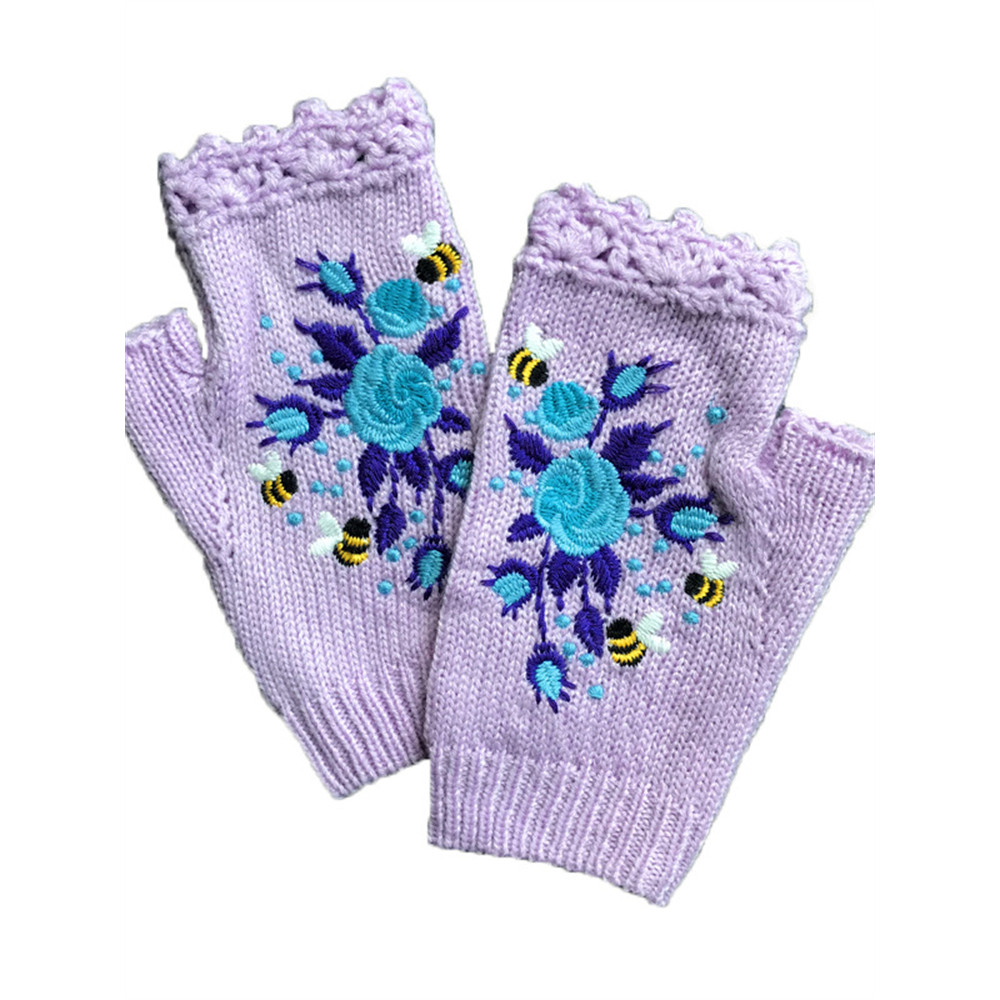 Bee Floral Embroidered Fingerless Gloves
