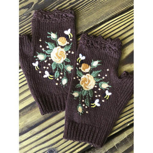 Bee Floral Embroidered Fingerless Gloves