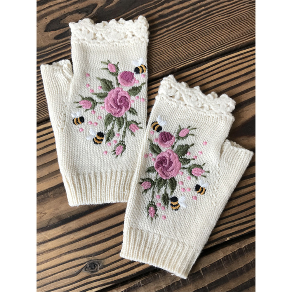 Bee Floral Embroidered Fingerless Gloves