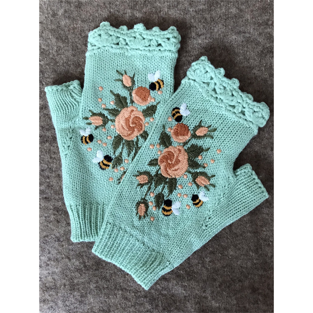 Bee Floral Embroidered Fingerless Gloves