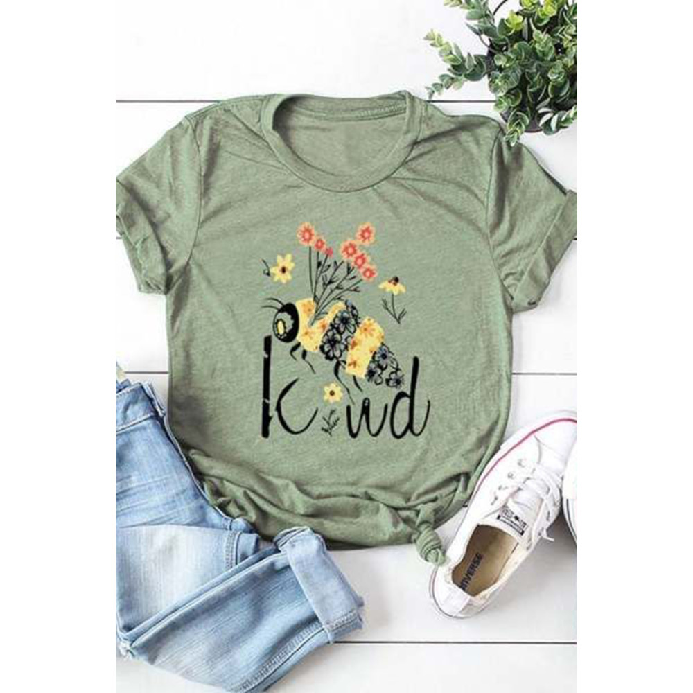 Bee Flower Print Crew Neck T-Shirt