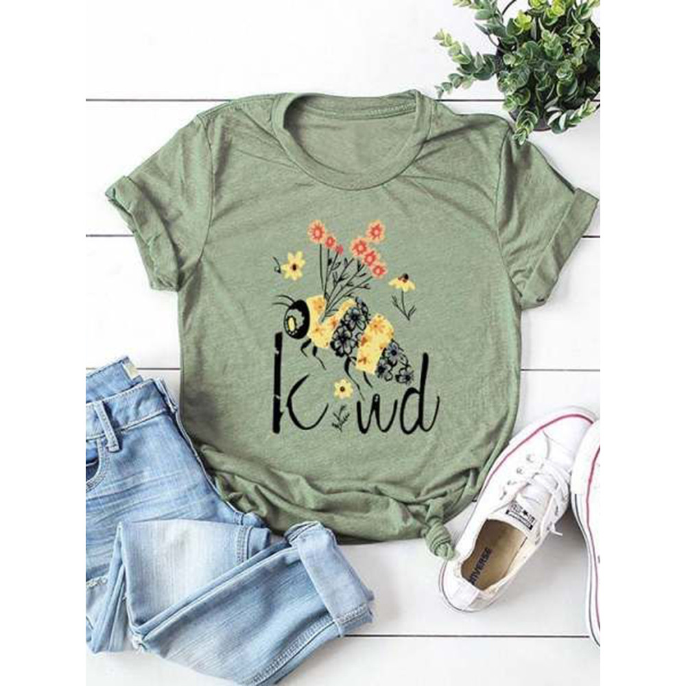 Bee Flower Print Crew Neck T-Shirt