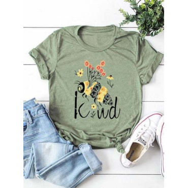Bee Flower Print Crew Neck T-Shirt
