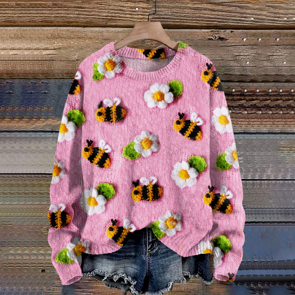 Bee Flower Print Knit Pullover Sweater