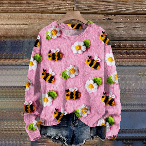 Bee Flower Print Knit Pullover Sweater