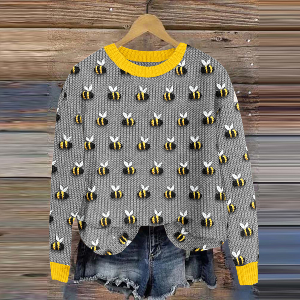Bee Print Contrast Crew Neck Knitted Sweater