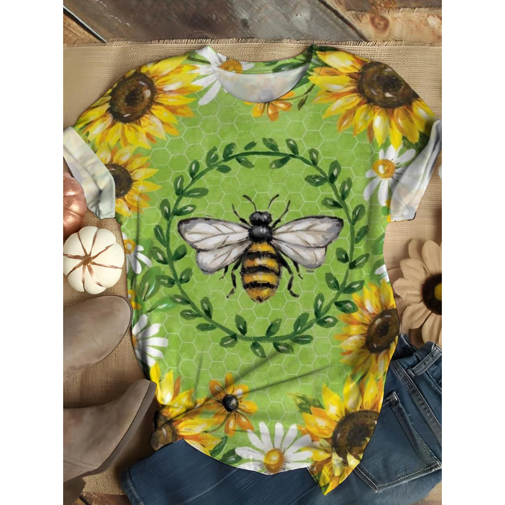 Bee Sunflower Crew Neck T-Shirt