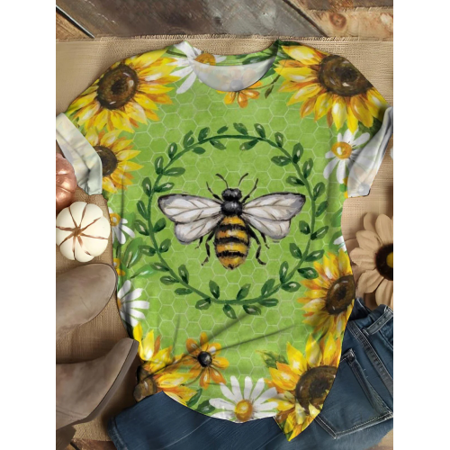 Bee Sunflower Crew Neck T-Shirt