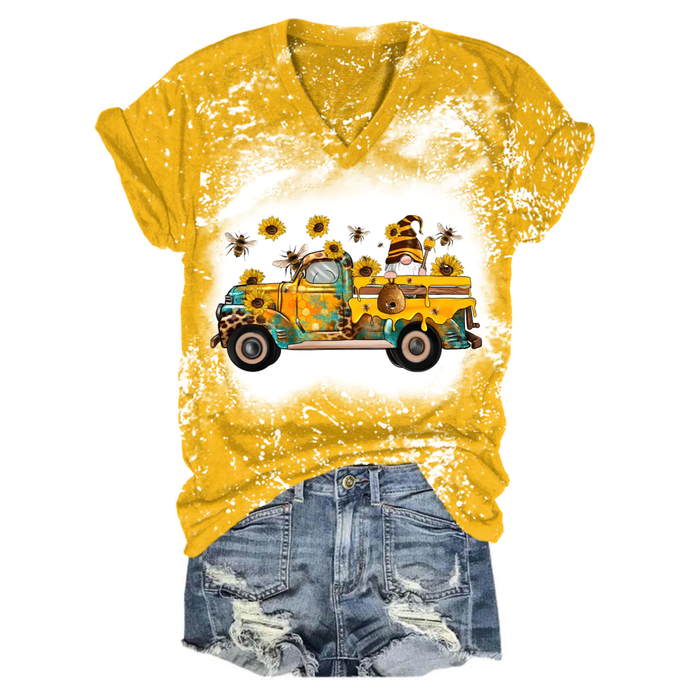 Bee Sunflower Gnome Truck V Neck T-Shirt