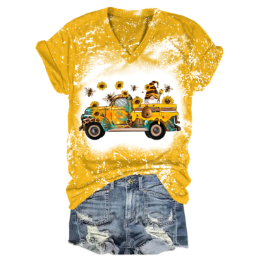 Bee Sunflower Gnome Truck V Neck T-Shirt