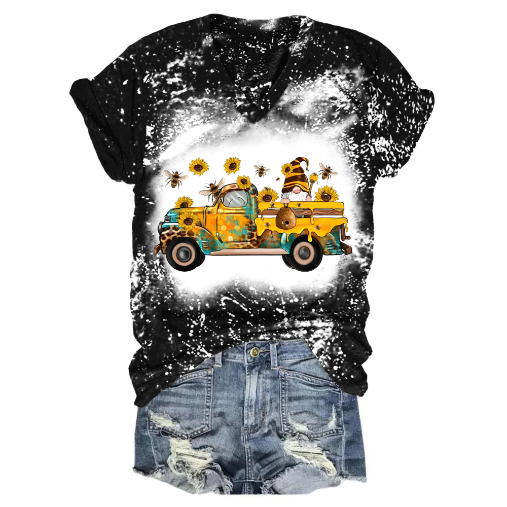 Bee Sunflower Gnome Truck V Neck T-Shirt