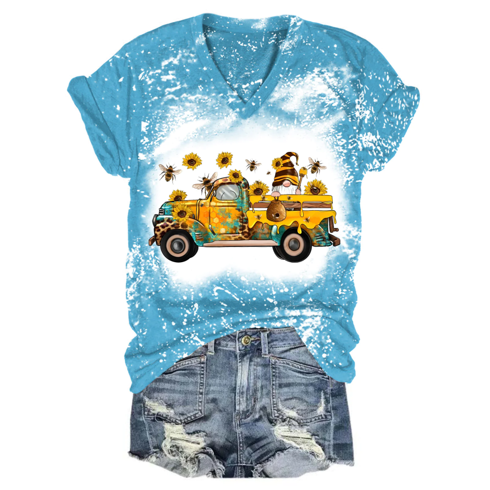 Bee Sunflower Gnome Truck V Neck T-Shirt