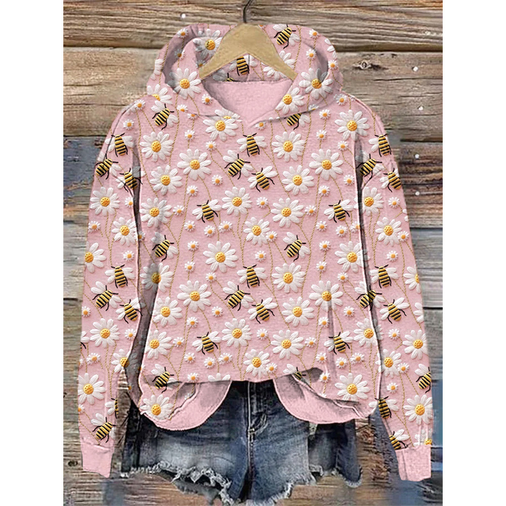 Bee & Daisy Embroidery Art Casual Cozy Hoodie