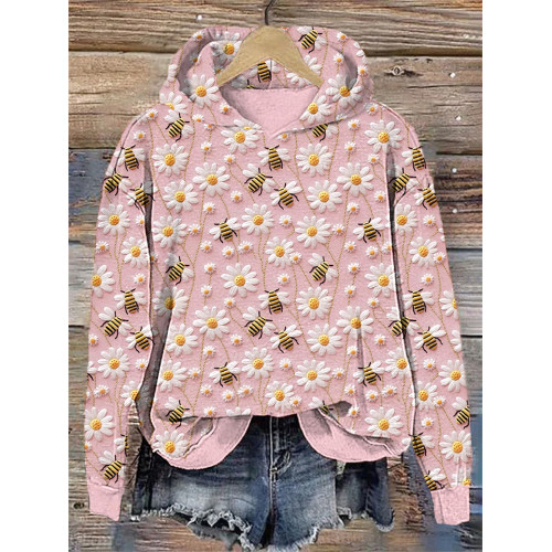 Bee & Daisy Embroidery Art Casual Cozy Hoodie