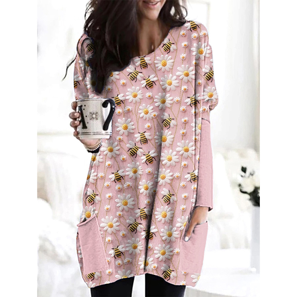 Bee & Daisy Embroidery Art Casual Cozy Long T-Shirt