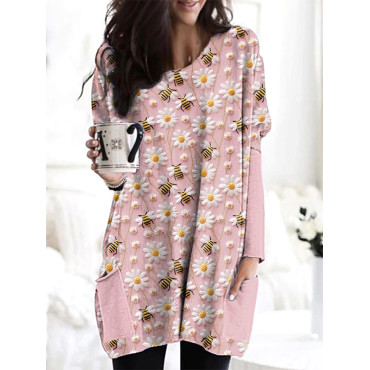 Bee & Daisy Embroidery Art Casual Cozy Long T-Shirt
