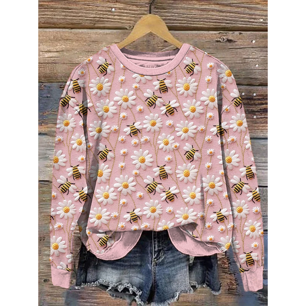 Bee & Daisy Embroidery Art Casual Cozy Sweatshirt