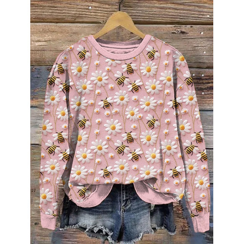 Bee & Daisy Embroidery Art Casual Cozy Sweatshirt