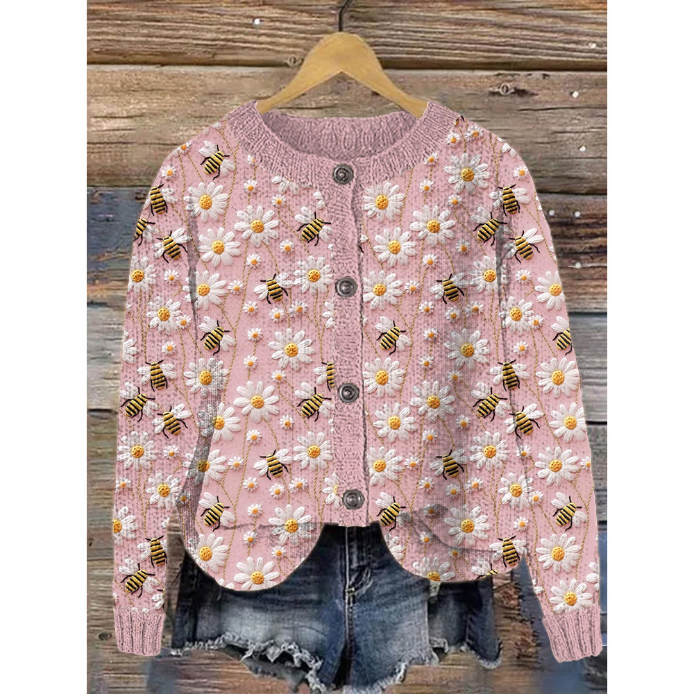 Bee & Daisy Embroidery Art Cozy Knit Cardigan