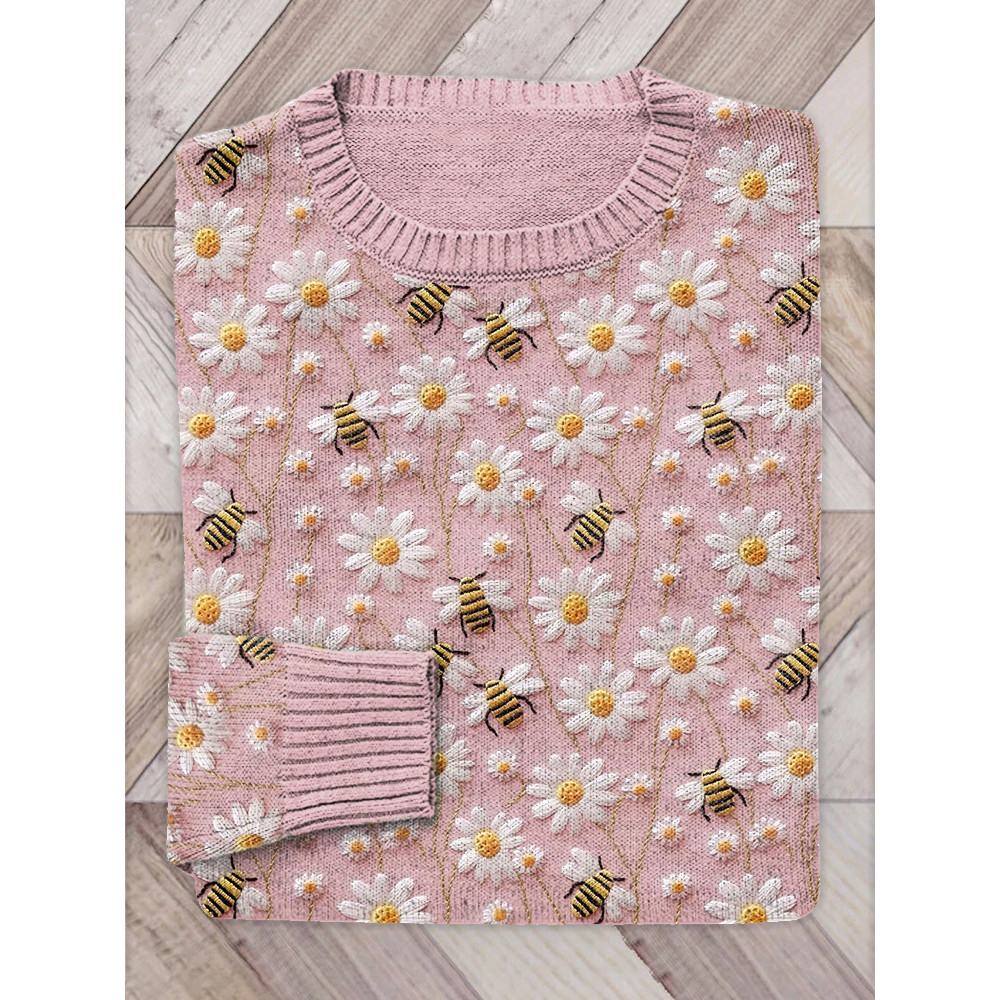 Bee & Daisy Embroidery Art Cozy Knit Sweater