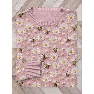 Bee & Daisy Embroidery Art Cozy Knit Sweater
