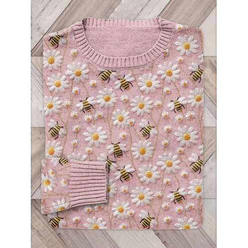 Bee & Daisy Embroidery Art Cozy Knit Sweater