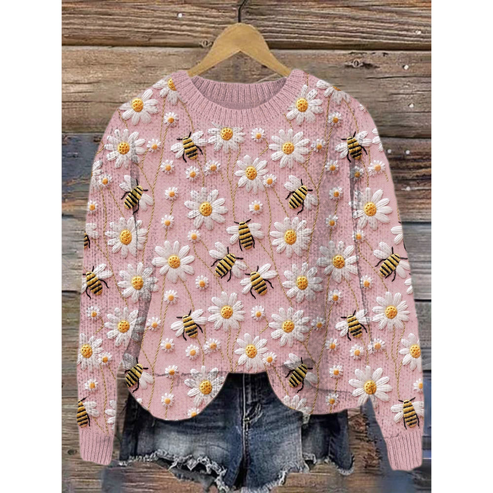 Bee & Daisy Embroidery Art Cozy Knit Sweater