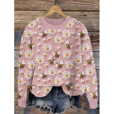 Bee & Daisy Embroidery Art Cozy Knit Sweater