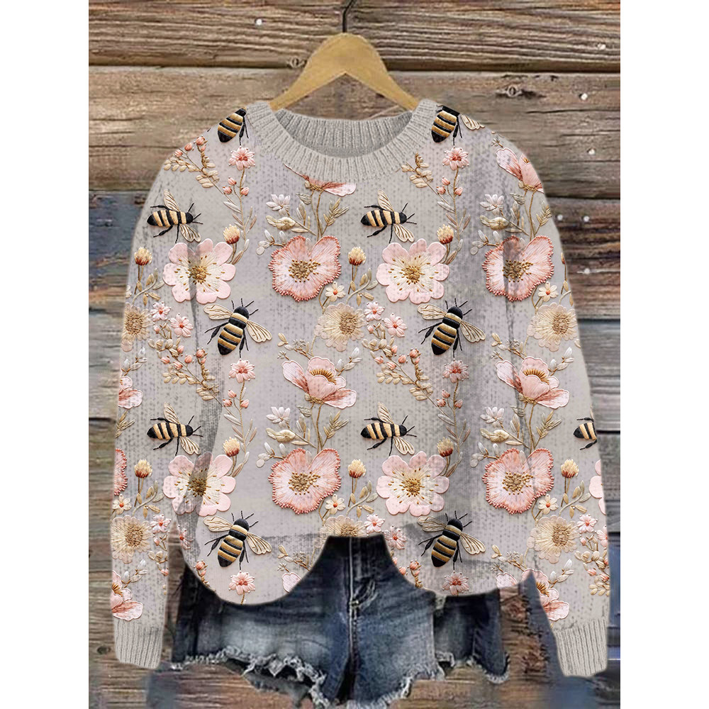 Bee & Flower Embroidery Art Cozy Knit Sweater