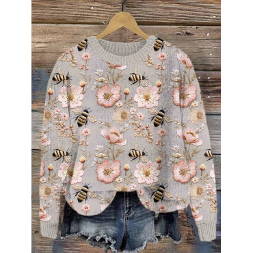Bee & Flower Embroidery Art Cozy Knit Sweater
