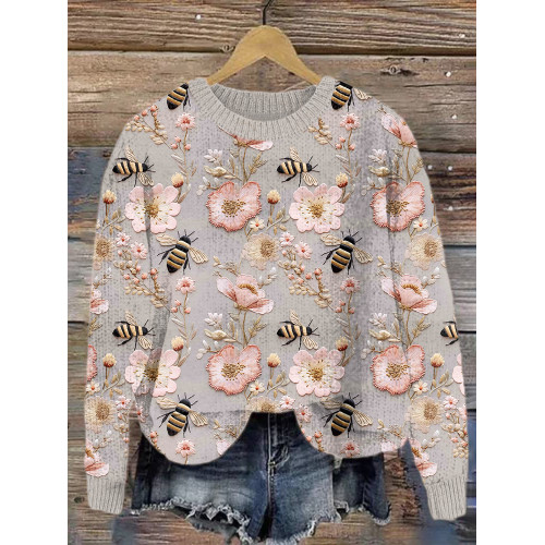 Bee & Flower Embroidery Art Cozy Knit Sweater