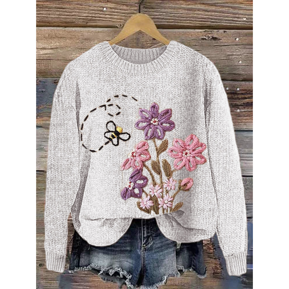 Bee & Flower Embroidery Art Cozy Knit Sweater