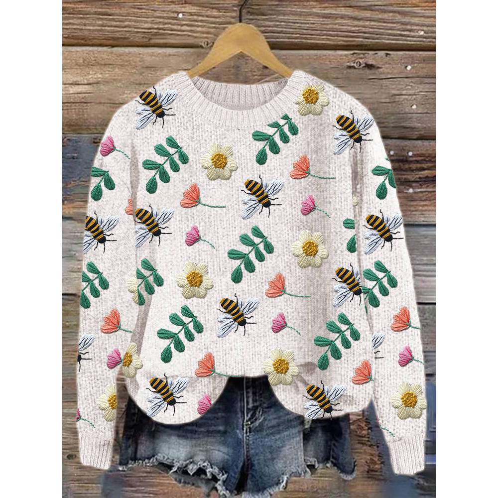 Bee & Flower Embroidery Pattern Cozy Knit Sweater
