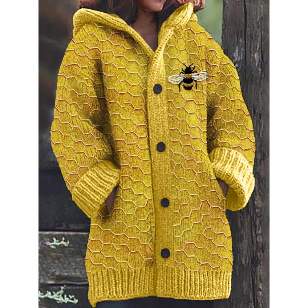 Bee & Honeycomb Embroidery Pattern Cozy Hooded Cardigan