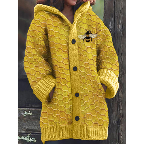 Bee & Honeycomb Embroidery Pattern Cozy Hooded Cardigan