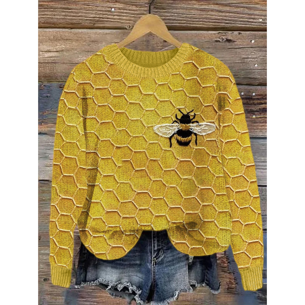 Bee & Honeycomb Embroidery Pattern Cozy Knit Sweater