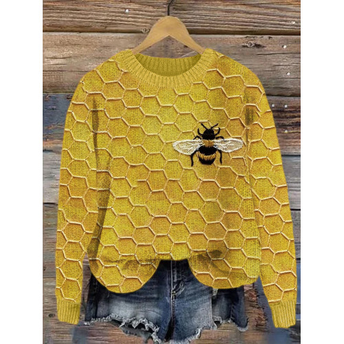 Bee & Honeycomb Embroidery Pattern Cozy Knit Sweater