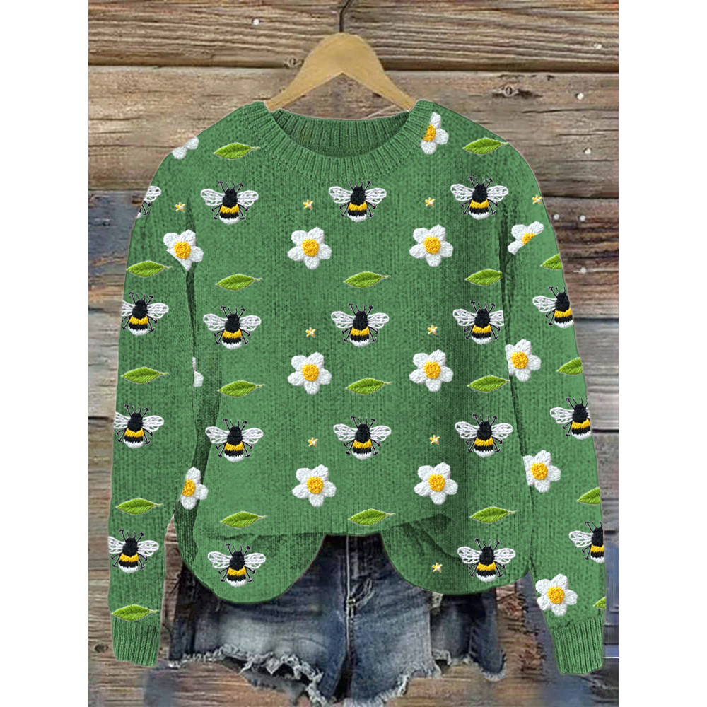 Bees & Flowers Embroidery Art Cozy Knit Sweater