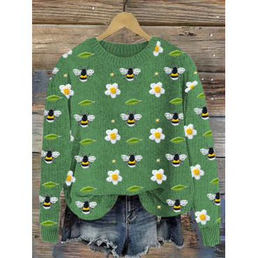 Bees & Flowers Embroidery Art Cozy Knit Sweater