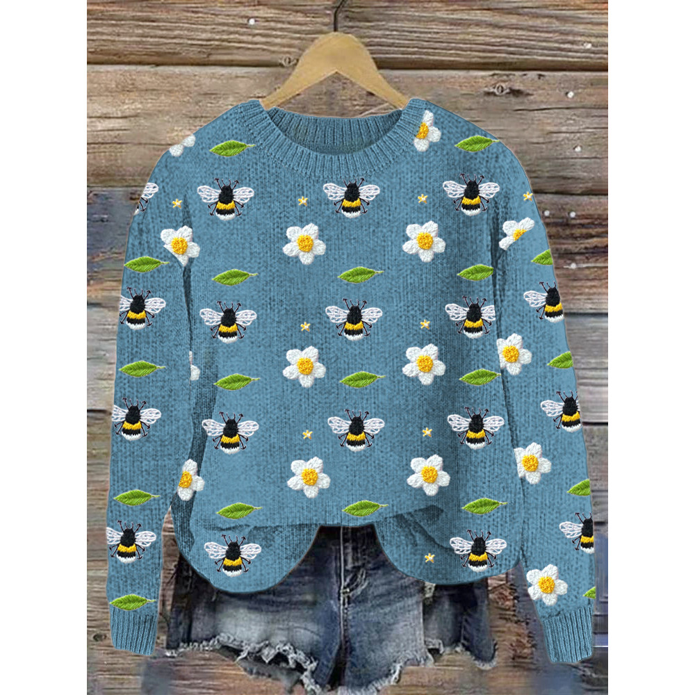 Bees & Flowers Embroidery Art Cozy Knit Sweater