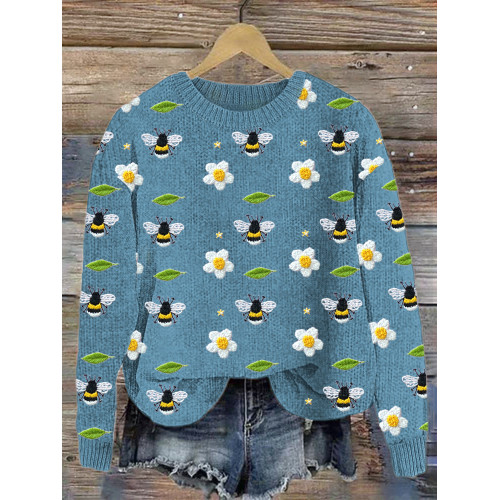 Bees & Flowers Embroidery Art Cozy Knit Sweater